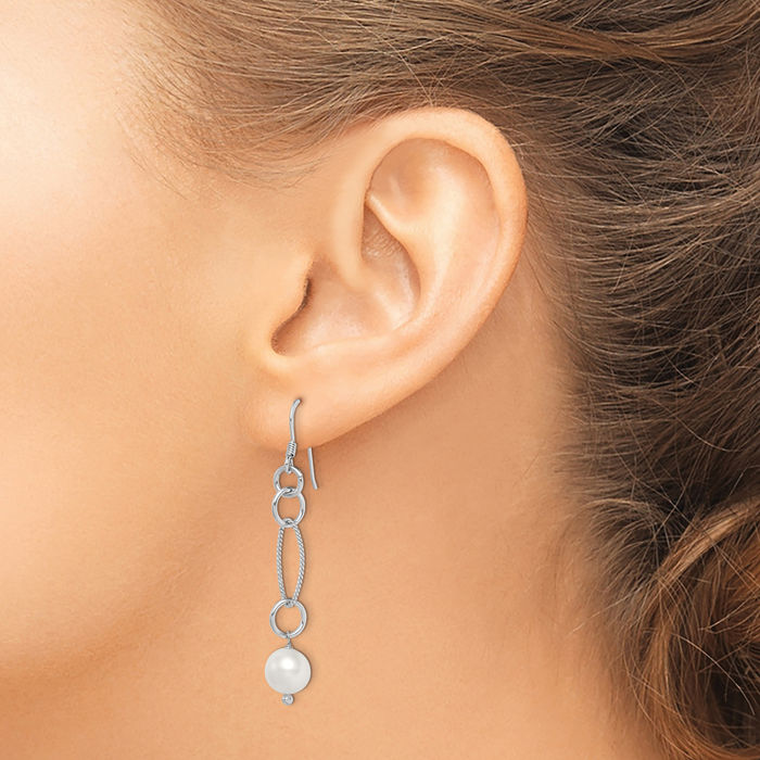 925 Sterling Silver Twisted White 8mm Freshwater Cultured Pearl Drop Dangle Earrings