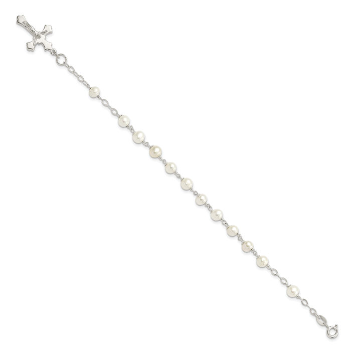 925 Sterling Silver Freshwater Cultured Pearl Rosary Bead Chain Charm Bracelet