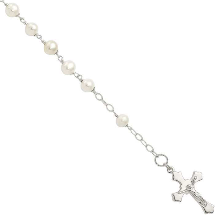 925 Sterling Silver Freshwater Cultured Pearl Rosary Bead Chain Charm Bracelet