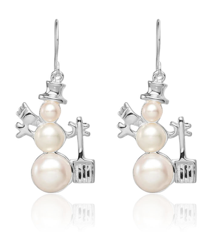 Sterling Silver Freshwater Cultured Pearl Snowman Dangle Earrings Sterling Silver Freshwater Cultured Pearl Snowman Dangle Earrings