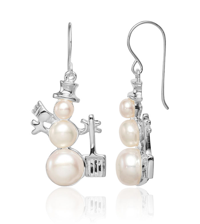 925 Sterling Silver Freshwater Cultured Pearl Snowman Drop Dangle Earrings