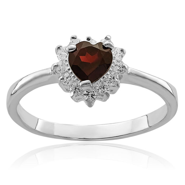 925 Sterling Silver Red Garnet Cubic Zirconia CZ Heart Ring Gemstone Love Band January Birthstone Jewelry