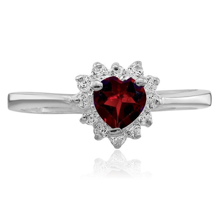 925 Sterling Silver Red Garnet Cubic Zirconia CZ Heart Ring Gemstone Love Band January Birthstone Jewelry