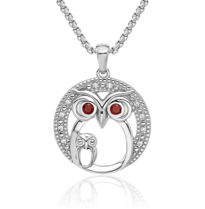 925 Sterling Silver Red Garnet Cubic Zirconia CZ Owl Symbol of Wisdom Bird Necklace Gemstone Pendant Charm