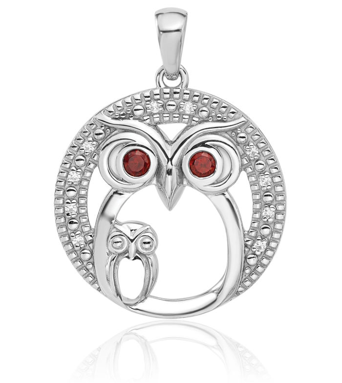 925 Sterling Silver Red Garnet Cubic Zirconia CZ Owl Symbol of Wisdom Bird Necklace Gemstone Pendant Charm