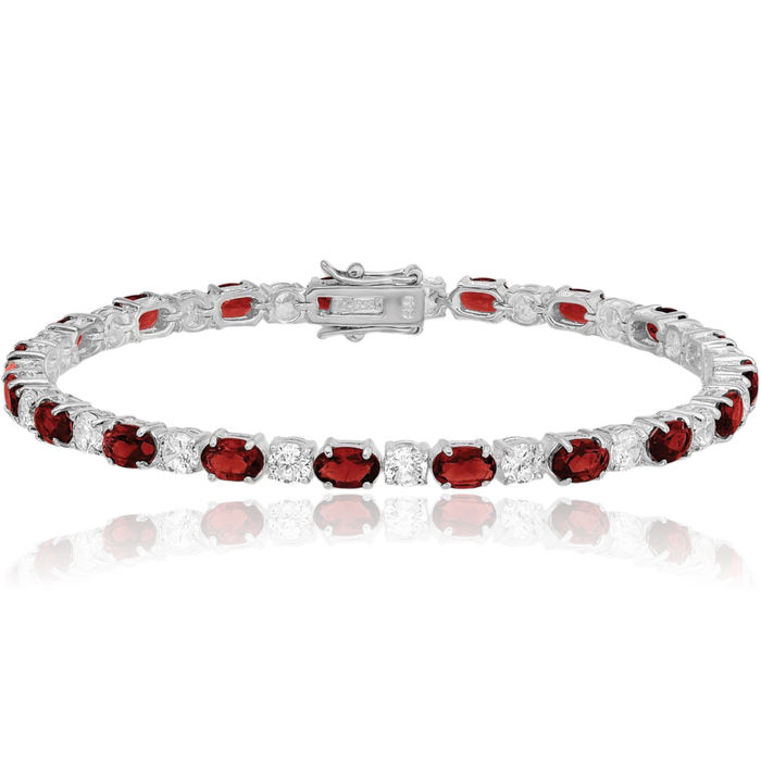 925 Sterling Silver Red Garnet Cubic Zirconia CZ Chain Gemstone Tennis Bracelet