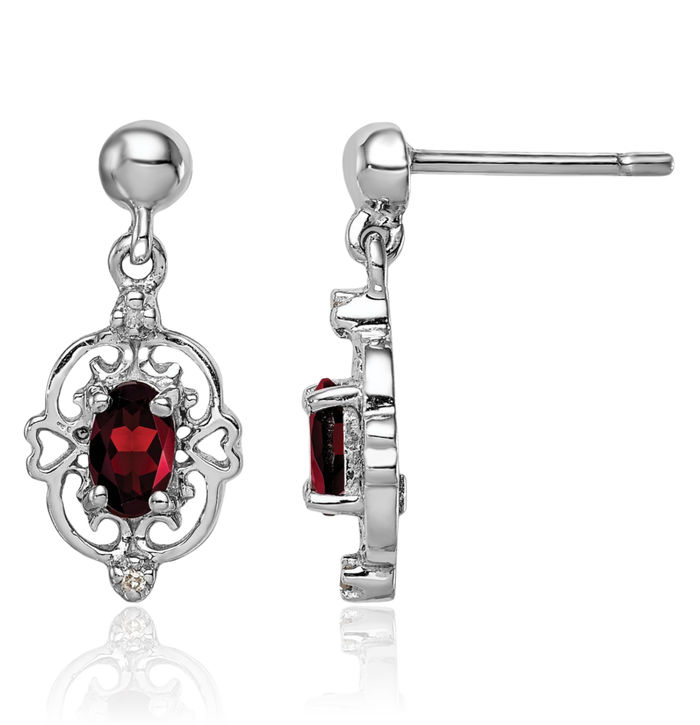 925 Sterling Silver Red Garnet Diamond Drop Dangle Earrings