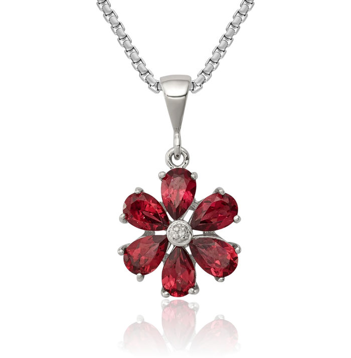 925 Sterling Silver Red Garnet Diamond Flower Necklace Gemstone Pendant Charm