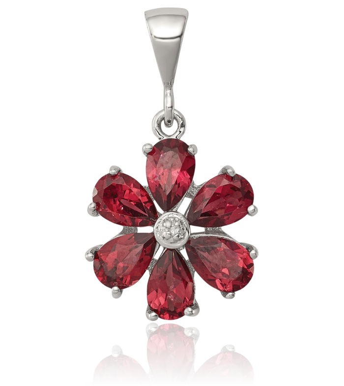 925 Sterling Silver Red Garnet Diamond Flower Necklace Gemstone Pendant Charm