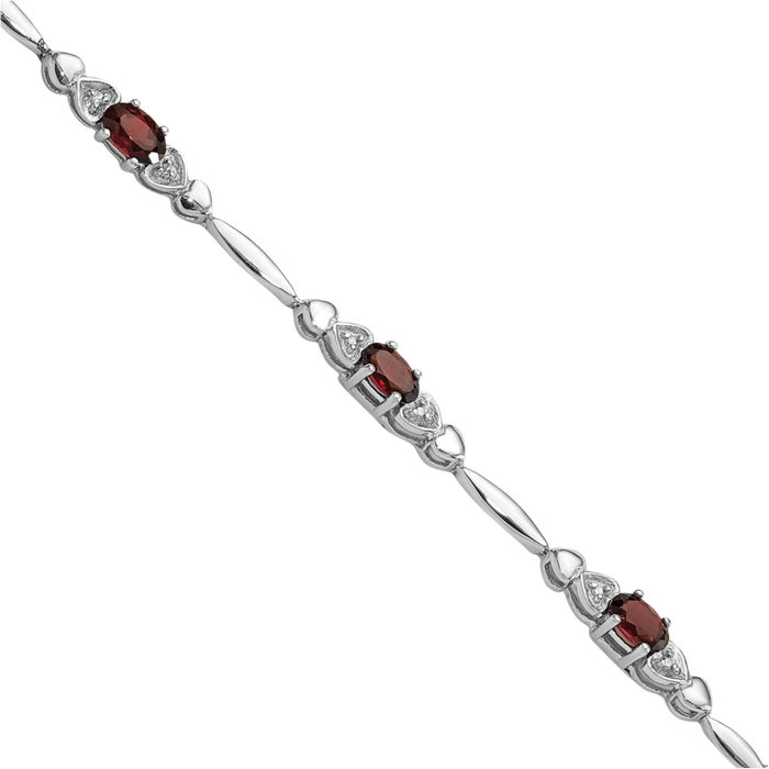 925 Sterling Silver Red Garnet Diamond Heart Chain Tennis Charm Bracelet