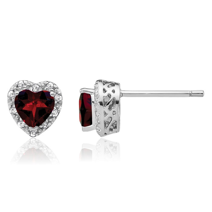 925 Sterling Silver Red Garnet Diamond Heart Stud Solitaire Earrings January Birthstone Jewelry