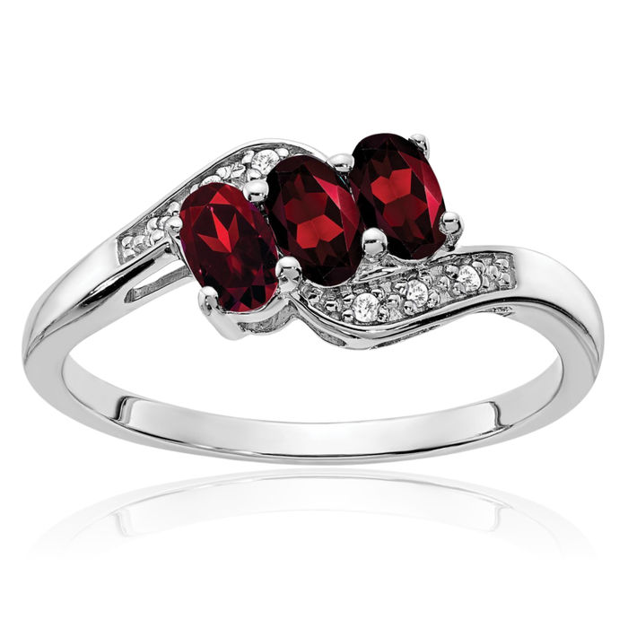 925 Sterling Silver Red Garnet Diamond Ring Gemstone Band January Birthstone Jewelry