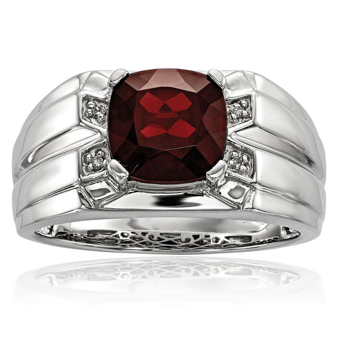 925 Sterling Silver Red Garnet Diamond Square Mens Ring Gemstone Band