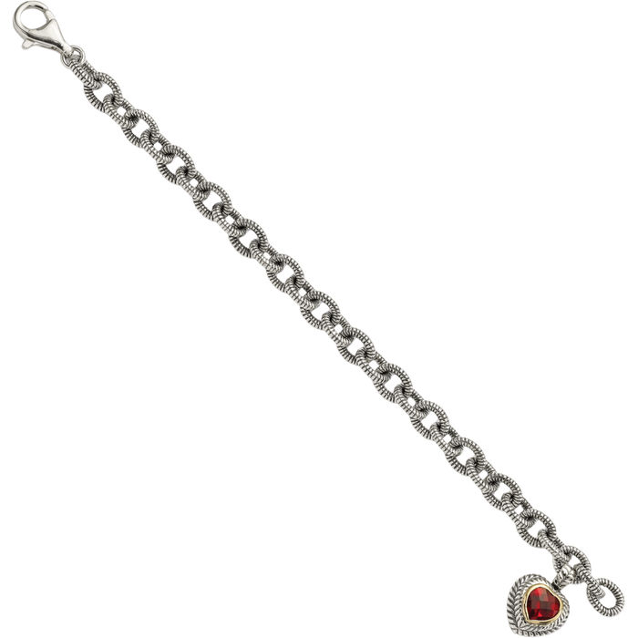 925 Sterling Silver Vintage Red Garnet Heart Link Chain Charm Bracelet