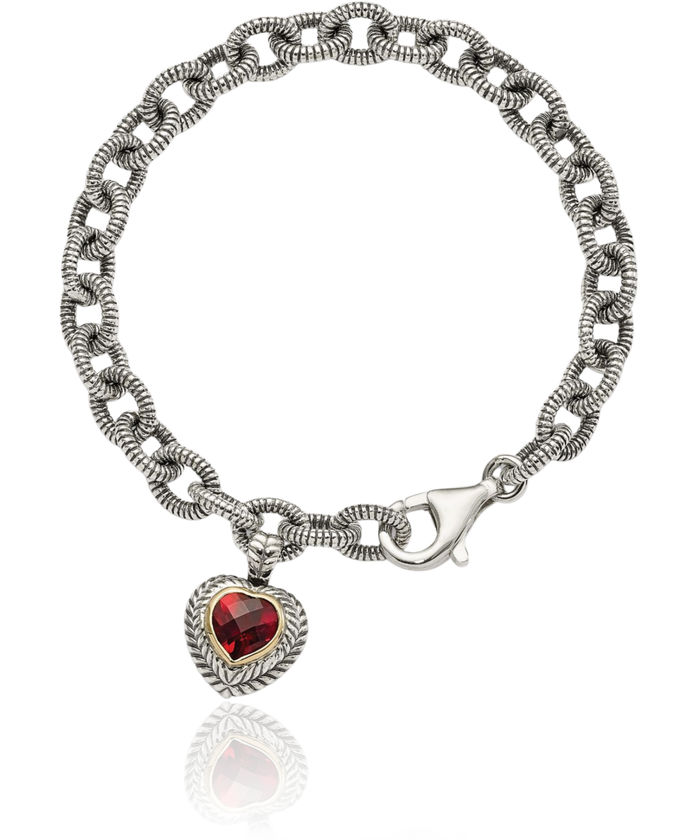 925 Sterling Silver Vintage Red Garnet Heart Link Chain Charm Bracelet