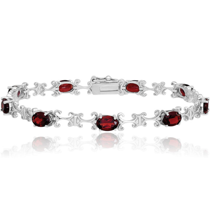 925 Sterling Silver Red Garnet Oval Chain Gemstone Tennis Bracelet