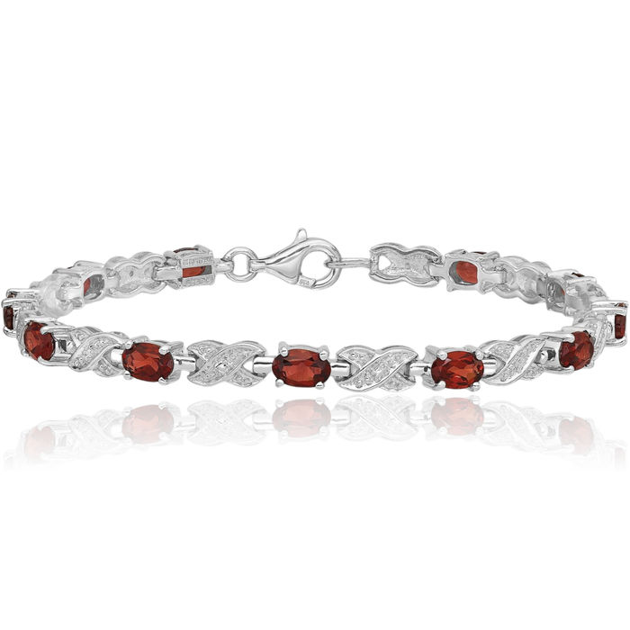 925 Sterling Silver Red Garnet Chain Gemstone Tennis Bracelet