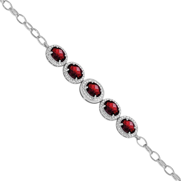 925 Sterling Silver Red Garnet Chain Gemstone Tennis Bracelet