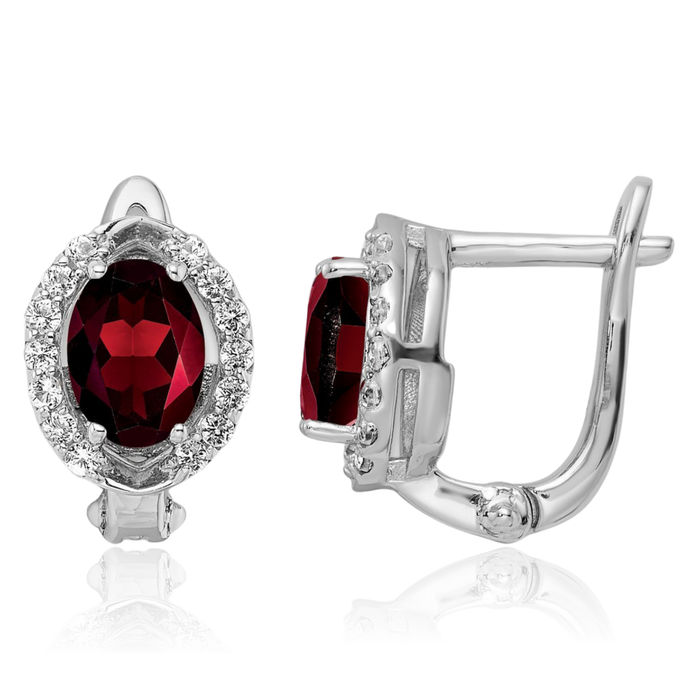 925 Sterling Silver Red Garnet White Topaz Oval Drop Dangle Earrings