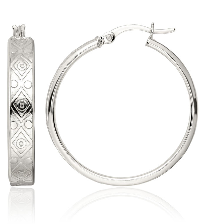 925 Sterling Silver Geometric 5.25mm Round Medium Hoop Earrings
