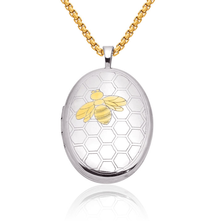 925 Sterling Silver Gold Queen Bumble Bee Honeycomb Oval Personalized Photo Locket Necklace Honeybee Pendant Beekeeper Charm