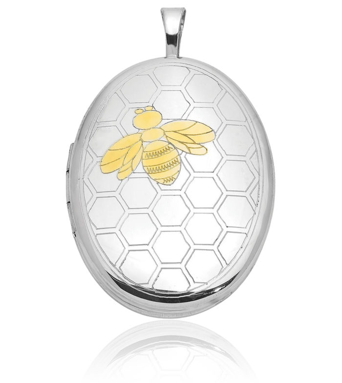 925 Sterling Silver Gold Queen Bumble Bee Honeycomb Oval Personalized Photo Locket Necklace Honeybee Pendant Beekeeper Charm