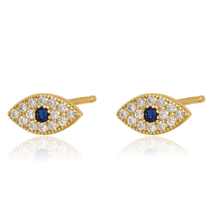 925 Sterling Silver Gold Cubic Zirconia CZ Synthetic Blue Spinel Hamsa Hand of Fatima Evil Eye Protection Good Luck Stud Earrings