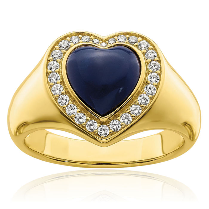 925 Sterling Silver Gold Cubic Zirconia CZ Lab Lapis Lazuli Heart Ring Love Band