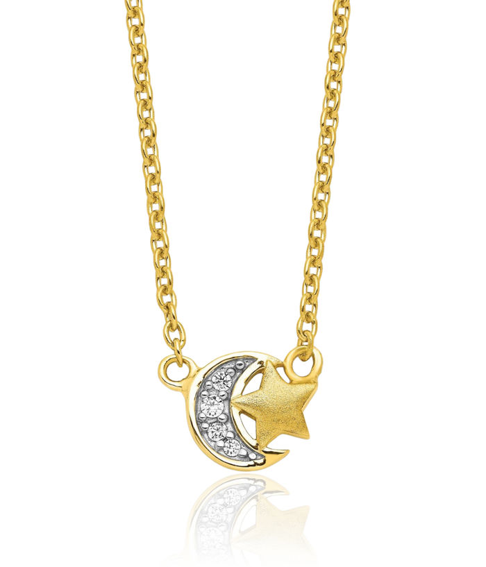 925 Sterling Silver Gold Cubic Zirconia CZ Star Crescent Moon Chain Necklace Celestial Jewelry