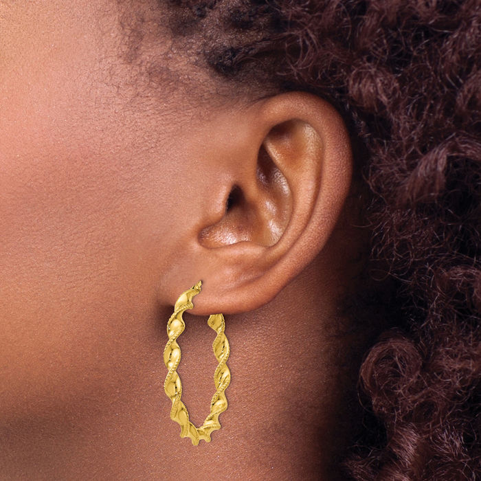 925 Sterling Silver Gold Twisted Round Medium Hoop Earrings
