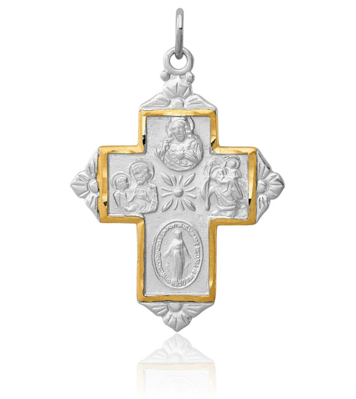 925 Sterling Silver Gold Four Way Medal Holy Cross Necklace Religious Chain Pendant Jesus Christ Charm