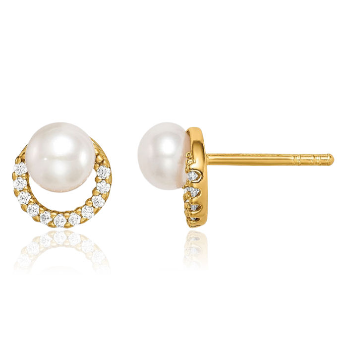 925 Sterling Silver Gold Freshwater Cultured Pearl Cubic Zirconia CZ Stud Earrings