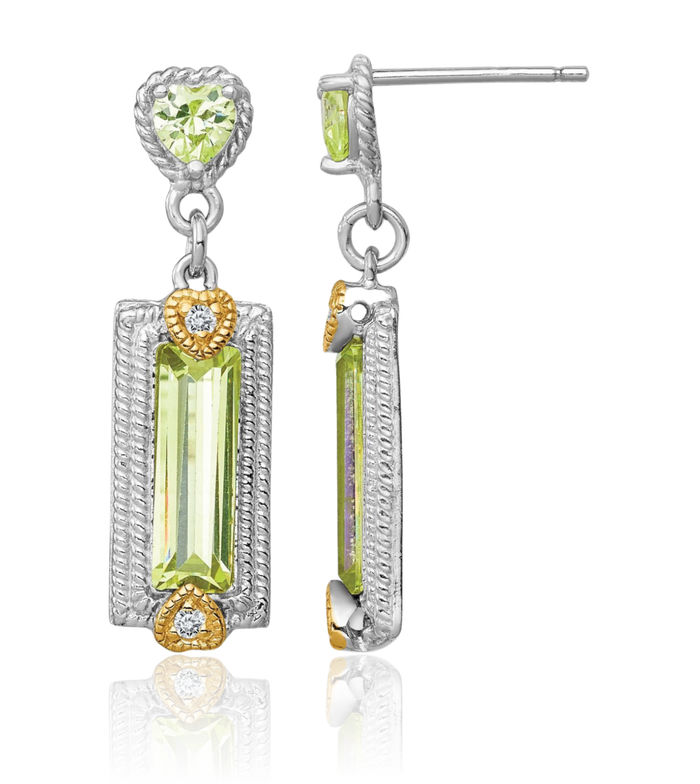 925 Sterling Silver Gold Green Cubic Zirconia CZ Heart Post Drop Dangle Earrings