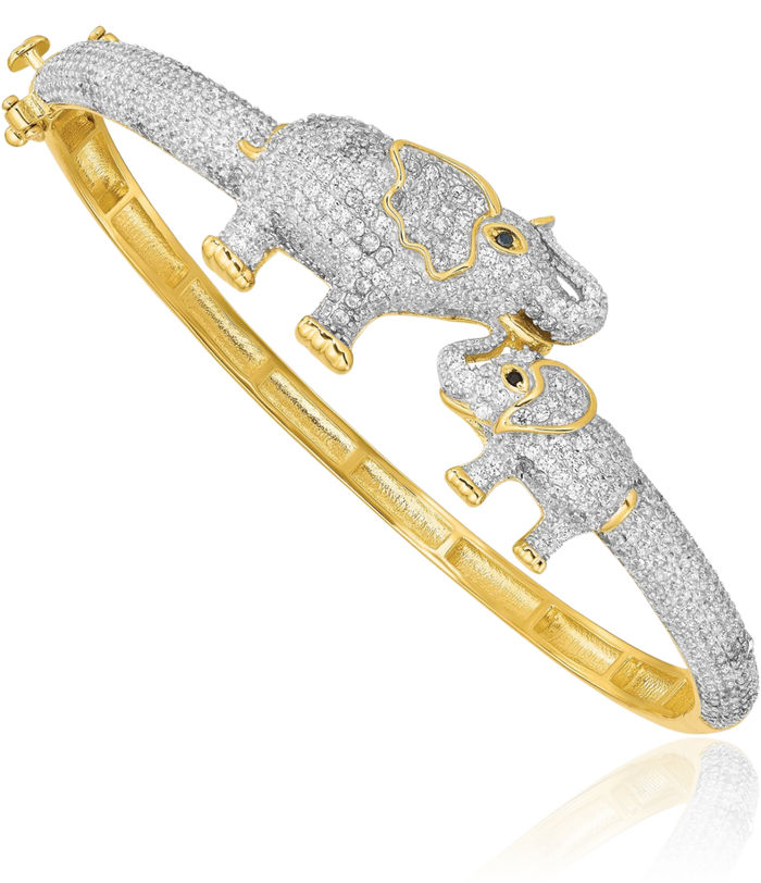 925 Sterling Silver Gold Mom Cubic Zirconia CZ Elephants Bangle Mama Charm Bracelet