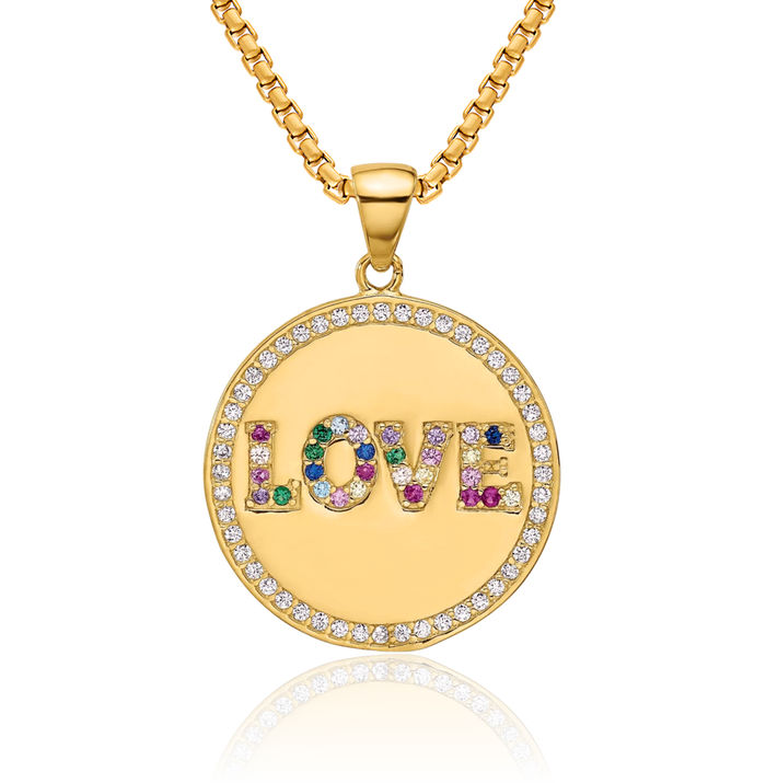 925 Sterling Silver Gold Rainbow Multi-color Cubic Zirconia CZ Love Disc Necklace Chain Pendant Charm