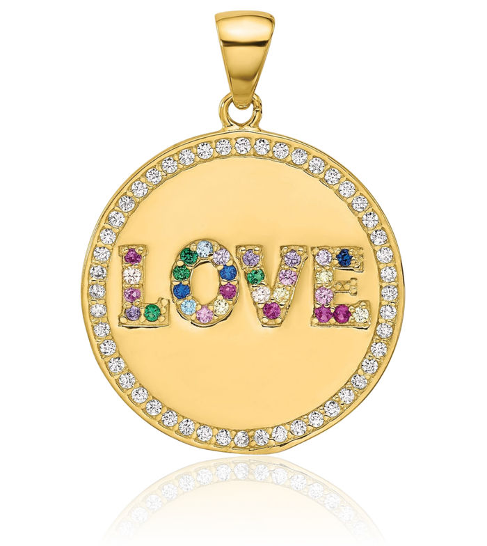 925 Sterling Silver Gold Rainbow Multi-color Cubic Zirconia CZ Love Disc Necklace Chain Pendant Charm