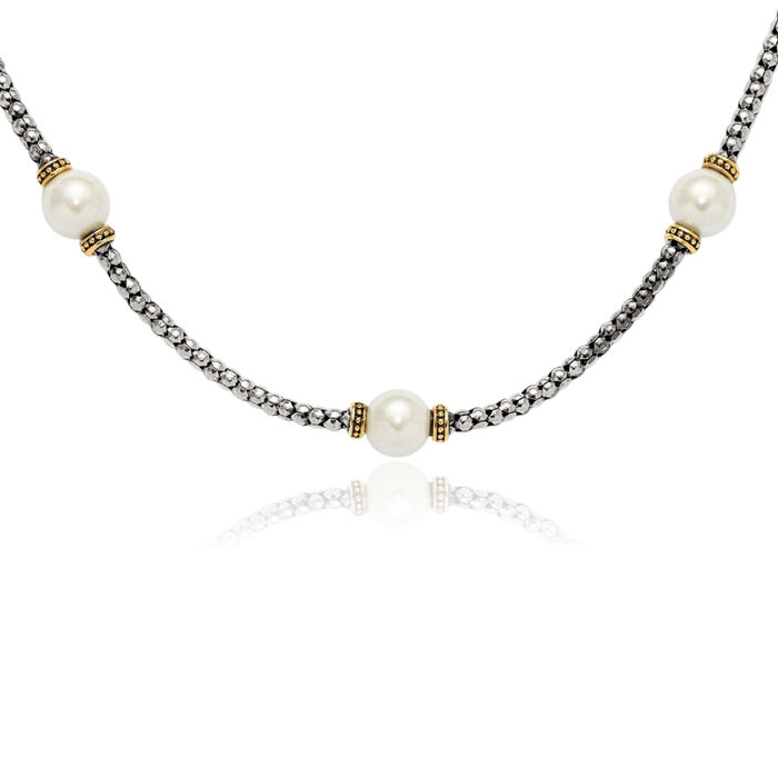 925 Sterling Silver Gold Synthetic Pearl Necklace Chain