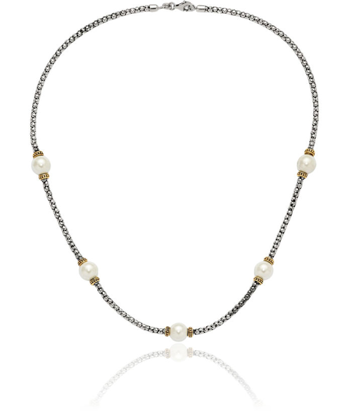 925 Sterling Silver Gold Synthetic Pearl Necklace Chain