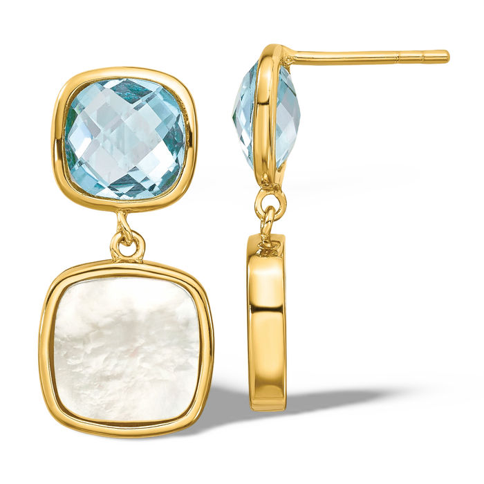 925 Sterling Silver Gold Plated Swiss Blue Topaz Mother of Pearl Post Drop Dangle Earrings