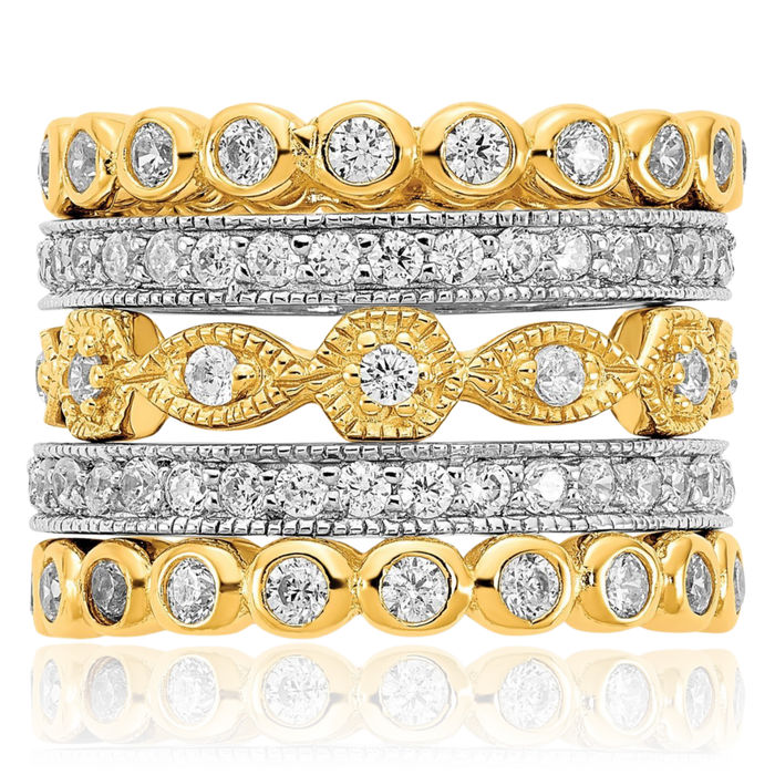 925 Sterling Silver Gold Plated Cubic Zirconia CZ 5-piece Eternity Band Stacking Ring Set