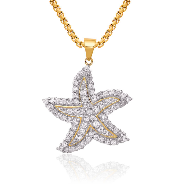 925 Sterling Silver Gold Plated Cubic Zirconia CZ Starfish Necklace Chain Pendant Charm