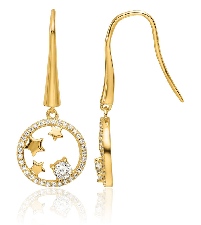 925 Sterling Silver Gold Plated Cubic Zirconia CZ Stars Circle Round Drop Dangle Earrings