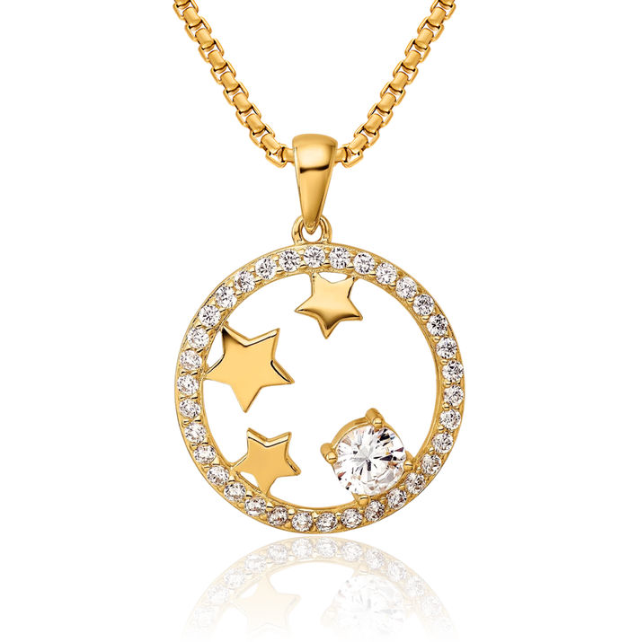 925 Sterling Silver Gold Plated Cubic Zirconia CZ Stars Circle Round Necklace Chain Pendant Charm