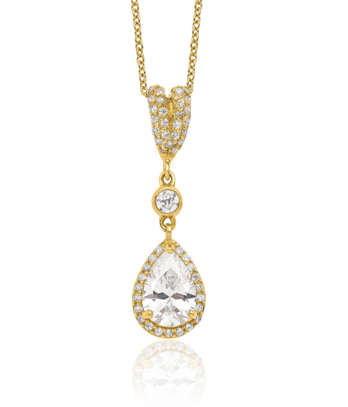 925 Sterling Silver Gold Plated Cubic Zirconia CZ Teardrop Halo Round Necklace Chain