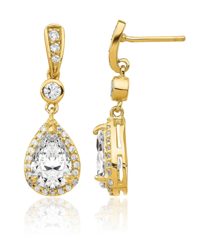 925 Sterling Silver Gold Plated Cubic Zirconia CZ Teardrop Halo Round Post Drop Dangle Earrings