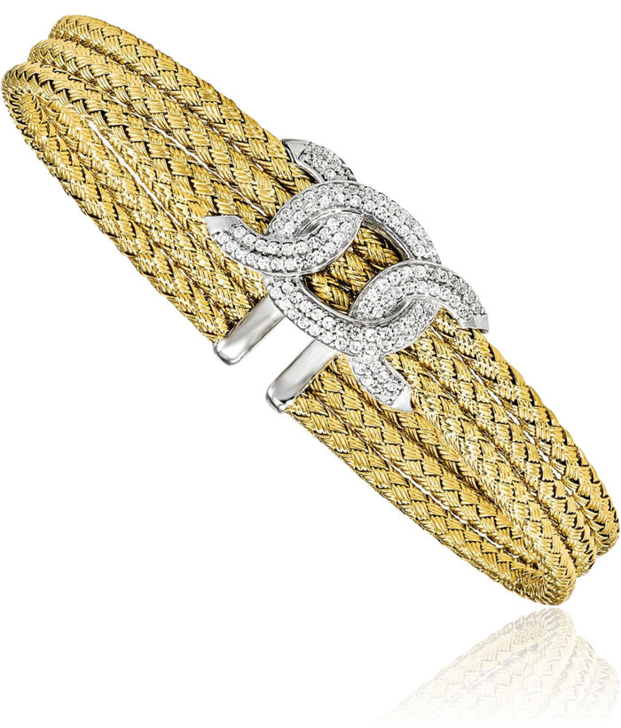 925 Sterling Silver Gold Plated Cubic Zirconia CZ Woven Cuff Bracelet