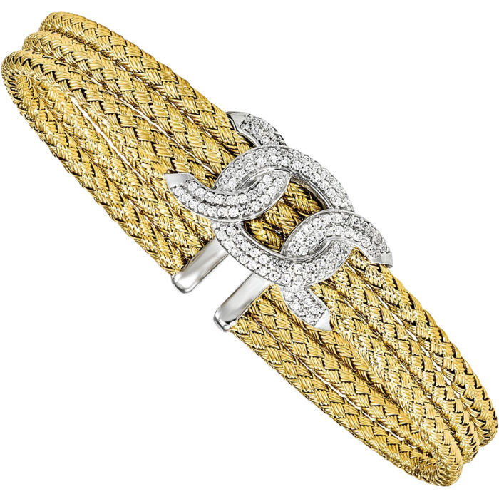 925 Sterling Silver Gold Plated Cubic Zirconia CZ Woven Cuff Bracelet