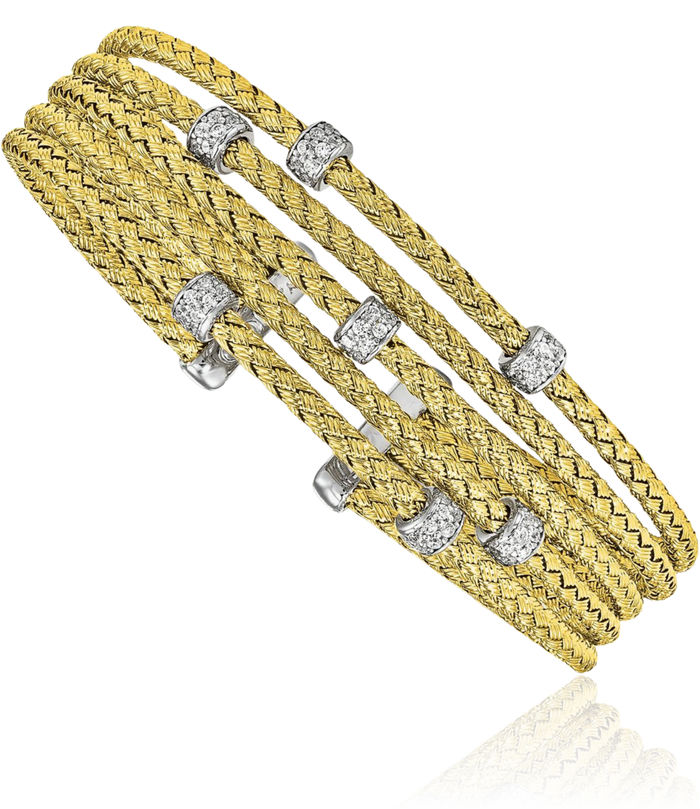 925 Sterling Silver Gold Plated Cubic Zirconia CZ Woven Flexible Cuff Bracelet