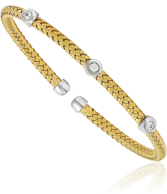 925 Sterling Silver Gold Plated Cubic Zirconia CZ Woven Flexible Cuff Bracelet