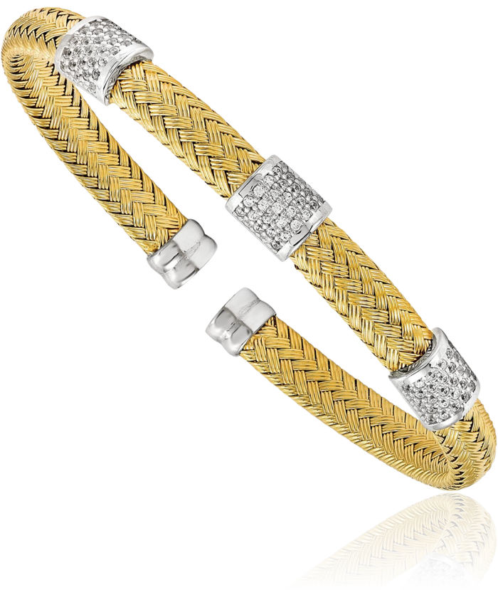 925 Sterling Silver Gold Plated Cubic Zirconia CZ Woven Flexible Cuff Bracelet